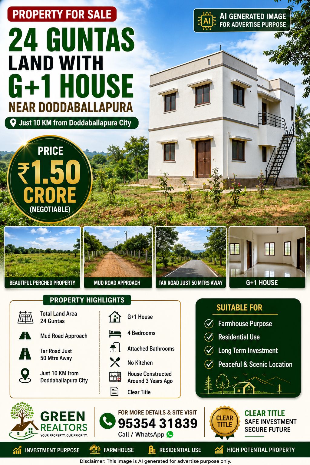🆔 *PROPERTY ID –6373* 🏡🌿 *24 GUNTAS LAND WITH G+1 HOUSE FOR SALE – NEAR DODDABALLAPURA* 🌿🏡